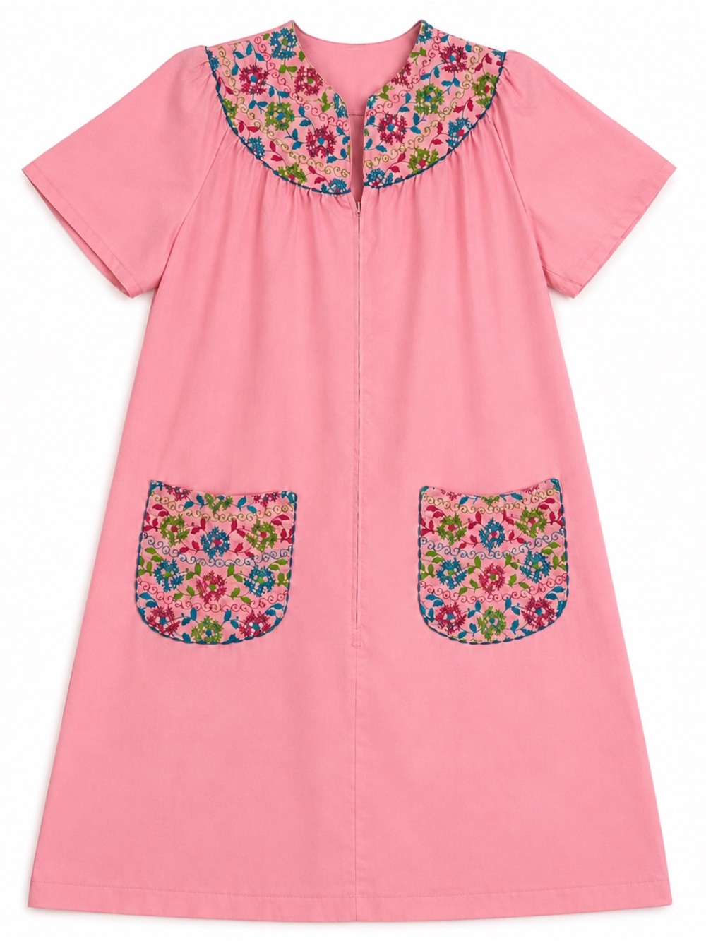Vintage 1970s Pink Embroidered House Dress Duster Zip Front L